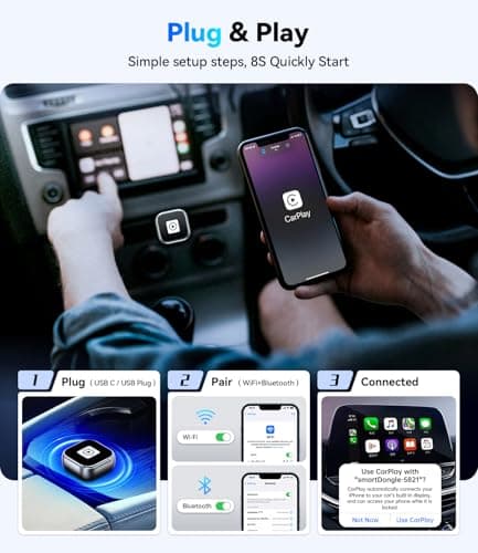 Wireless CarPlay Adapter & Android Auto, Wired to Wireless Carplay Adapter for Apple iPhone & Android, Mini USB Design with Type-C Extension, Plug and Play, No Latency & Auto-Reconnect, 2026 Upgraded - Thumbnail 5