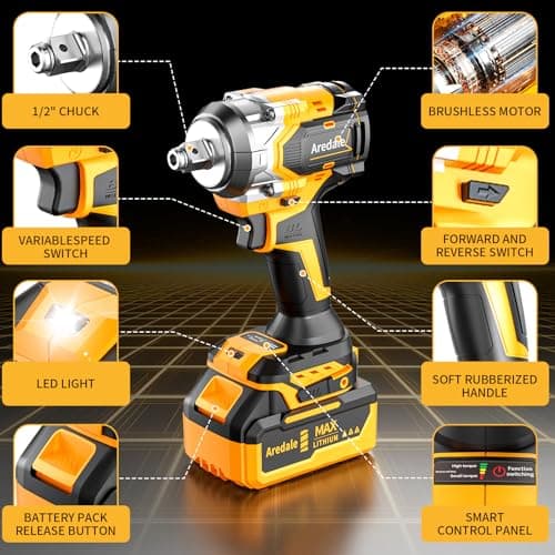Aredale Cordless Impact Wrench, Brushless Motor 450N.m (380Ft-lbs), 1/2 Inch cordless Impact Gun with 2 x 4.0Ah Battery, 6 Sockets Electric Impact Wrench for Car/DIY Furniture/Home - Thumbnail 5