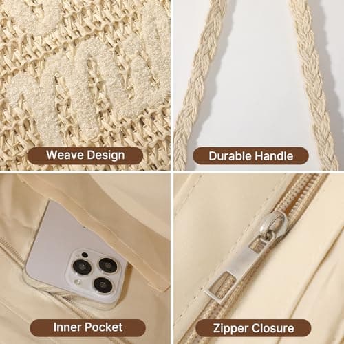fauson Straw Beach Bags for Women - Large Straw Bag Woven Beach Tote, Summer Handmade Shoulder Handbag - Thumbnail 5