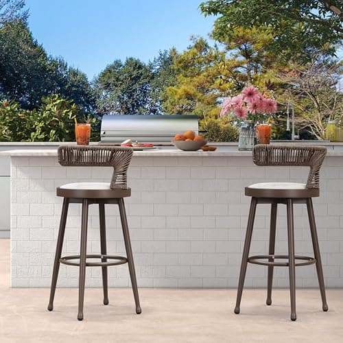 PURPLE LEAF Outdoor Swivel Bar Height Stools Set of 2 Metal Modern Wicker Bar Chairs with Back Aluminum Woven Barstools with Cushions for Kitchen Balcony Garden Indoor Brown - Thumbnail 3
