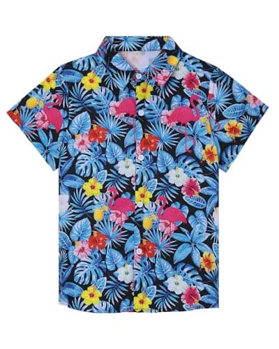 SEAOYOZO Hawaiian Shirts for Boys Short Sleeve Casual Button Down Beach Aloha Shirt Kids Summer Hawaii Shirts 8 9 Years Tropical Print Navy Tropical Floral Flamingos S - Image 1
