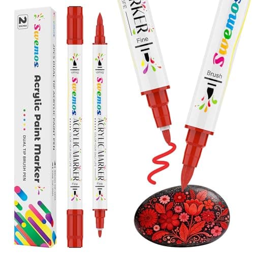 Swemos 2Pcs Red Acrylic Paint Pens Markers, Dual Tip with Fine Tip and Brush Tip Pens Acrylic Paint Markers Waterproof Acrylic Markers Set for Rock, Canvas Stone, Wood, Glass, Metal (RED, 2) - Image 1