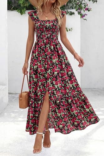 dowerme Womens Summer Maxi Dresses 2026 Casual Ruffle Sleeve Button Smocked Floral Slit Boho Dress Spring Beach Sundress(Black Red Flower,X-Large) - Thumbnail 4