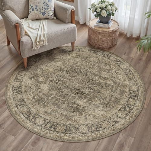 WondRg 4x4 Washable Round Rug Brown Vintage Non Slip Soft Low Pile Circle Rug for Dining Room Office Entryway Distressed Oriental Indoor Carpet for Living Room Bedroom Home Decor - Image 1