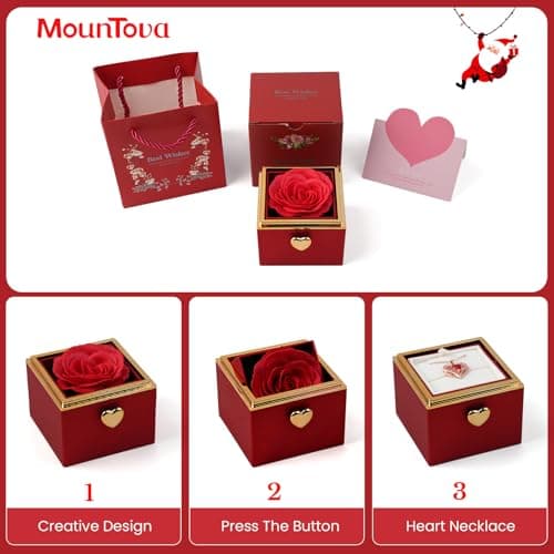mountova Valentine’s Day Gift for Her Preserved Rose Surprise Box with Heart Necklace, Luxury Flip Jewelry Box, Romantic Gift for Girlfriend or Wife, Anniversary & Proposal (red) - Thumbnail 2