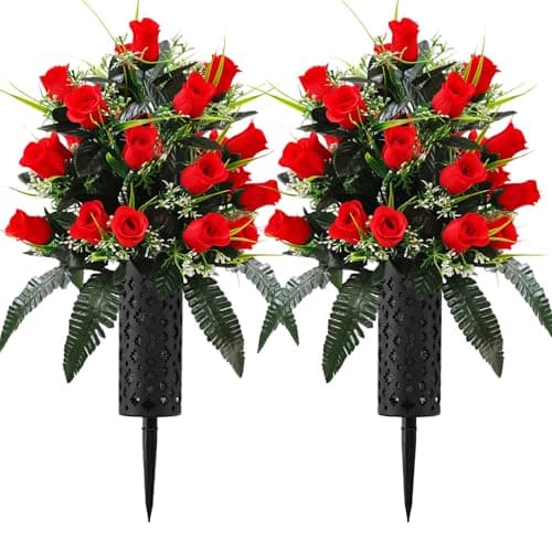 Wironlst 2 Sets Artificial Cemetery Flowers for Grave, Outdoor Grave Decorations Bouquet with Cemetery Vase, Memorial Flowers for Gravesite, Weather Resistant Grave Flowers for Cemetery Decor(Red) - Image 1