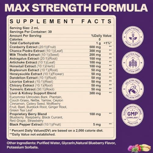 30-in-1 Kidney and Liver Cleanse Detox & Repair Drops with Cranberry Extract, Milk Thistle & Chanca Piedra, Vegan Kidney Support Supplement for Urinary Tract & Liver Support | Blueberry Flavor, 1P - Thumbnail 2
