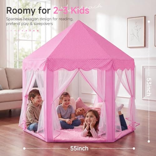 Monobeach Princess Tent Girls Large Playhouse Kids Castle Play Tent with Star Lights Toy for Children Indoor and Outdoor Games, 55'' x 53'' (DxH) (Pink Princess with Play Mat) - Thumbnail 2