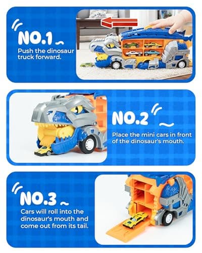 Cozycharm 13 in 1 Dinosaur Toys for Kids 3-6, Carrier Truck Race Track Toddlers Toys, Foldable Track Playset,Dinosaur Truck with 12 Die-Cast Racing Car Toys, Xmas Gifts for Boys Girls - Thumbnail 2