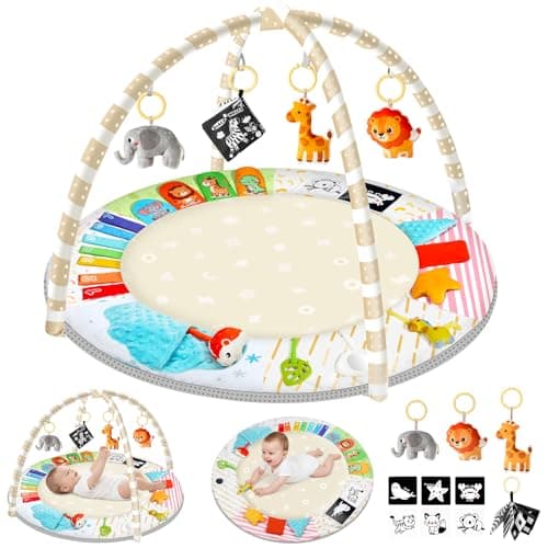 URMYWO Tummy Time Mat - Comfortable Baby Floor Play Mat Activity Gym for 0-3-6-18 Months, 6 Developmental Zones with 5 Detachable Toys for Motor Skills Sensory Development, Baby Essentials Shower Gift - Image 1