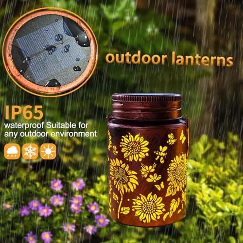 2pack Sunflower Solar Lanterns Outdoor, Solar Mason jar Lights Hanging Waterproof Metal Lanterns for Patio, Pathway, Yard (Sunflower 2pack) - Thumbnail 4