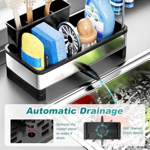 Ewaiira Stainless Steel Sink Caddy, Sponge Holder for Kitchen Sink with Brush Holder and Towel Rack, Sink Organizer for Countertop, Soap Dispenser Kitchen Organizers Storage Essentials (A-Black) - Thumbnail 5