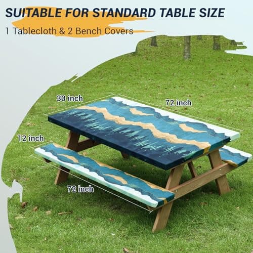 Picnic Table Cover with Bench Covers - Camping Essentials Camping Table Cover with Elastic Edges & Drawstring Bag, Fitted Rectangle Tables and Seats for 6-Foot Outdoor, 30x72 Inches, Blue Green - Thumbnail 4