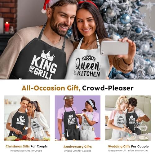King & Queen Apron Set - Matching Couples Kitchen Aprons with Deep Pockets & Reinforced Stitching - Waterproof Professional Cooking Gear for Wedding, Engagement, Bridal Shower, Valentines, Christmas - Thumbnail 6