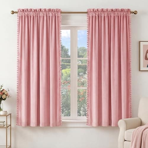 NICETOWN Blush Pink Short Velvet Curtains with Cute Pom-Pom Trim for Nursery 63 inch Long – Luxury Room Darkening Drapes Light Filtering Window Treatment for Girls, 52" W x 63" L, 2 Panels - Image 1