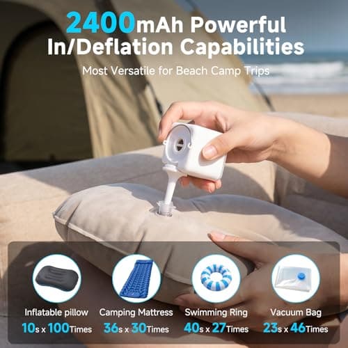 Portable Mini Air Pump for Inflatables, 4.5 kPa 2400mAh Air Mattress Pump Electric with Camping Light and 5 Nozzles, USB Rechargeable Quick Inflate Deflate for Pool Floats Camping Beach Travel - Thumbnail 4