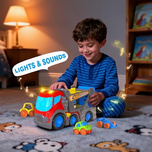 P&C 12.2" Toddler Car Transport Truck Toys for Ages 2-4, Car Carrier Transporter Double-Deck Hauler Truck‌ Toy Set with Sounds Lights for Kids 18M+ 2 3 4 5, Birthday Christmas Gifts for Boys Girls - Thumbnail 5