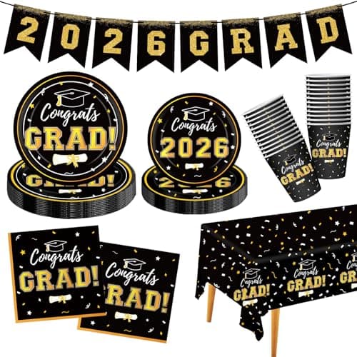 Graduation Decorations 2026 Disposable Black Graduation Tableware Kit for 25 Guests Plates Napkins Cups Tablecloth Hanging Graduation Party Decorations 2026 - Image 1