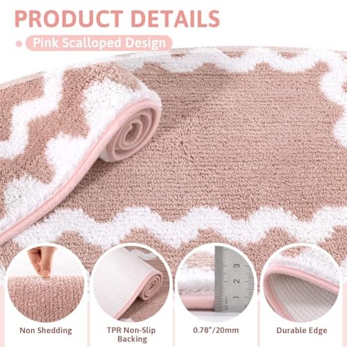 Findosom Bathroom Rugs Sets 5 Piece, Absorbent Soft Non-Slip Washable Microfiber Shaggy Bath Mat Set with Bathroom Runner Rug, U-Shaped Toilet Rugs, Shower Rug & Toilet Lid Cover, Pink-White - Thumbnail 4