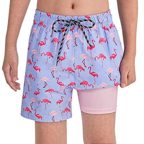 Cozople Little Boys Swim Shorts UPF50+ Swim Trunks with Boxer Brief Liner Swimwear Funny Flamingo Graphic Surf Boardshorts for Kids Stretchy Compression Bathing Suit Size 4t - Thumbnail 2