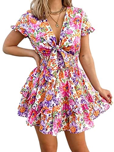 PRETTYGARDEN Women Summer Short Dress 2025 Casual V Neck Short Sleeve Tiered Bow Mini Sun Dresses Beach Vacation Sundress(Floral White,XX-Large - Image 1