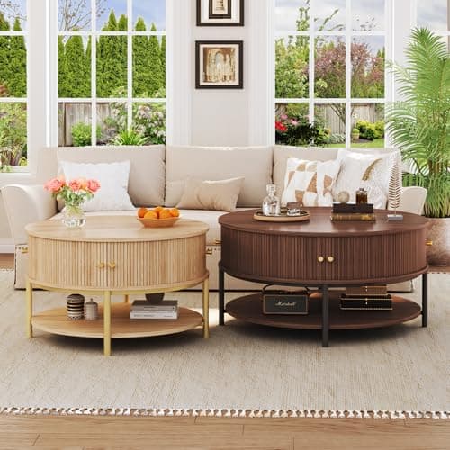 23.6" Round Coffee Table with Storage, 3-Tier Small Round Coffee Table with Sliding Cabinet Door & Round Metal Legs, Mid Century Modern Coffee Tables for Living Room, Oak - Thumbnail 6