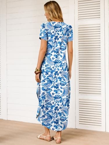 ANRABESS Womens Summer Maxi Dresses 2026 Casual Short Sleeve V Neck Loose Split Long Beach Sundress Travel Vacation Clothes Blue Leaf Printed Small - Thumbnail 4
