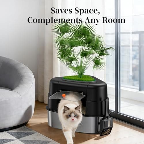 Chumajor XXL Stainless Steel Corner Cat Litter Box with Lid, Enclosed Hidden Plant Litter Box with Artificial Plant, Easy-Clean Covered Decorative Litter Box for Large Cats, Black - Thumbnail 3