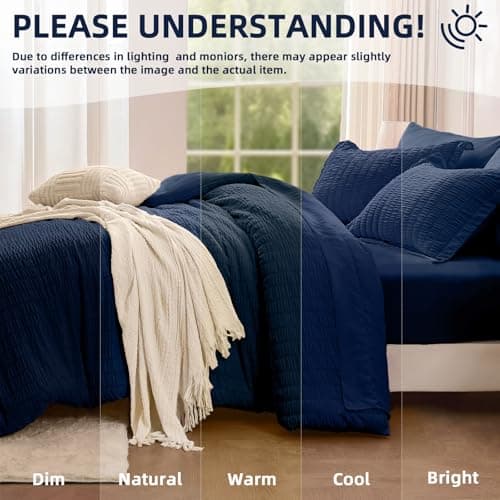 FUANNA King Size Comforter Set 7 Pieces, Luxury Seersucker Bed in a Bag King for All Seasons, Soft King Bedding Set with Comforter, Flat Sheet, Fitted Sheet, Pillowcases & Shams for Bedroom, Navy Blue - Thumbnail 6
