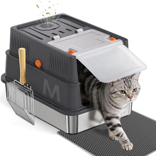 Stainless Steel Litter Box with Lid: Enclosed Cat Litter Box for Small Cats & Kitten, Metal Kitty Litter Pan with High Sided Enclosure, Include Scoop & Mat, Odor Control, Anti-Leakage
