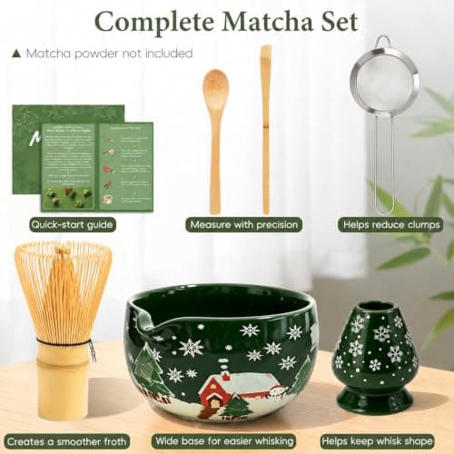 HUSHHAVN Christmas Gifts Matcha Whisk Set, Ceramic Matcha Set Includes Bowl & Holder, Bamboo Whisk (Chasen), Scoop, Spoon and Sifter, 6PCS Matcha Kit Covers Everything Needed for Making Matcha - Thumbnail 2