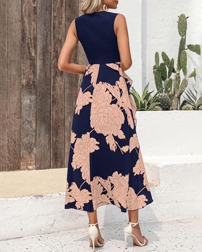BTFBM Summer Dresses for Women 2026 Casual Spring Floral Sleeveless Ruffle Boho Cocktail Wedding Guest Party Midi Dress(Pink Floral Navy, Small) - Thumbnail 5