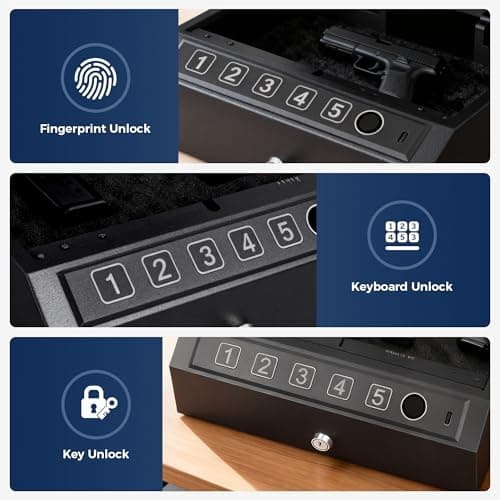 Biometric Gun Safe for Pistols 3-Ways unlock Fingerprint Digital PIN Key Unlock Pistol Safe with Security Cable Gun Lock Box With Interior Light For Nightstand Car & Home Security - Thumbnail 3
