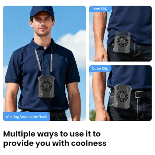 HandFun 10000mAh Portable Waist Fan with Charger & Flashlight - 3-Speed Strong Airflow, Shirt Fan Clip-On Belt for Outdoor Work, Construction, Hiking, Cooling (Black) - Thumbnail 4