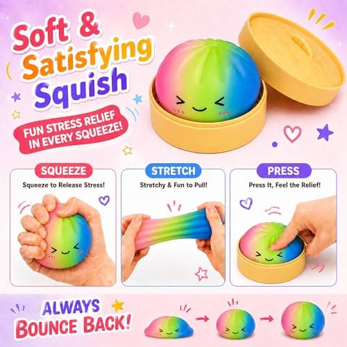 Mystery Squishies Dumplings, Rainbow Dumpling Squishies, Colorful Bao Bun Squishys with Food Steamer Box, Giant Dumpling Stress Ball, Soft Squeeze Desk Toy, Washable Fidget Sensory Toy - Thumbnail 5