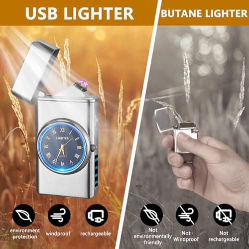 RSBYE Electric Lighter USB Rechargeable Lighters Flameless Electric Lighter Windproof Dual Arc Lighter with LED Battery Indication for Candles, Outdoor Camping, Fireworks (Silver, 220mAh), HF2212 13 - Thumbnail 2
