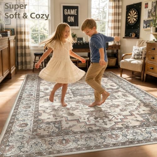 Jessibou 5x7 Area Rugs Living Room: Washable Vintage Rug Large Non-Slip Stain Resistant Ultra Soft Low Pile Pet Kids Friendly Carpets for Bedroom Dining Room Nursery Home Office Decor - Light Brown - Thumbnail 4