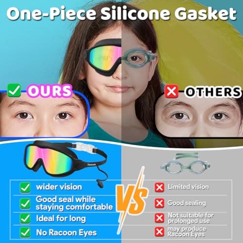 Vvinca Swim Goggles, Kids Goggles with Earplugs& Nose Clip Wide View Anti-Fog/UV Swimming Goggles for Age 3-15 Boys Girls - Thumbnail 4