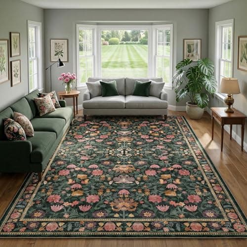 Cnythlis 9'x12' Washable Non-Slip Extra Large Living Room Rug, Vintage Botanical 0.26" Low Pile Faux Wool Soft Water Resistant Carpet, Dark Green - Image 1