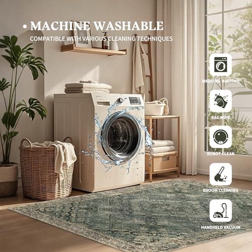 Luxcrest Green and Beige 9x12 Rug: Vintage Washable Rugs for Living Room Bedroom Soft Non Slip - Thin Stain Resistant Carpet for Dining Room Indoor - Thumbnail 6