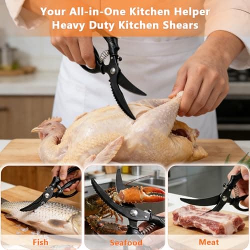 Kitchen Poultry Shears Heavy Duty, Stainless Steel Kitchen Meat Cutting Scissors for Food with Non-Slip Handle & Safety Lock, All Purpose Cooking Aid Scissors for Chicken, Bone, Turkey, Fish - Thumbnail 4