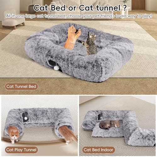 Extra Large Cat Tunnel Bed, 4 Ways Tunnels for Indoor Cats, Multi-cat Family Pet Bed & Cave, Plush Cat Donut with Washable Middle Mat, Exit Balls, Pet Play Toy for Kitten Puppy Rabbit, Dark Grey - Thumbnail 3