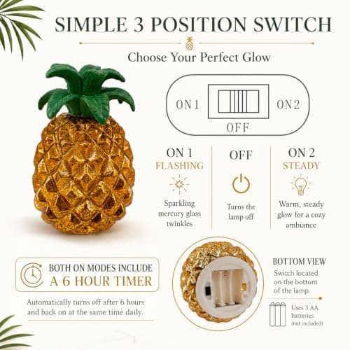 Mercury Glass Pineapple Lamp 7 Inch, Battery Operated LED Pineapple Light with Flashing & Steady Modes, 6-Hour Timer, Tropical Table Decor for Home, Bedroom, Tiki Bar, Coastal Decor Gift - Thumbnail 6