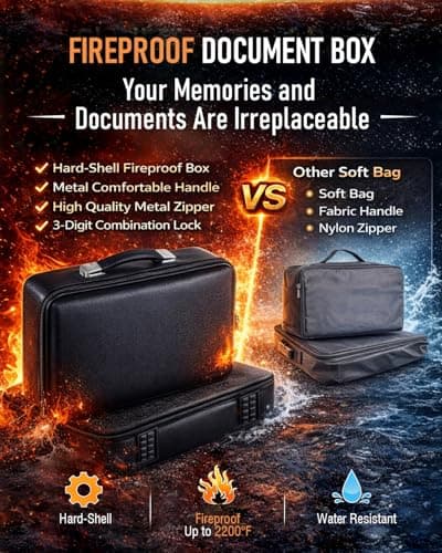Fireproof Document Box - Hard-Shell Design Waterproof & Fireproof Document Safe with Lock, Fire Proof File Box for Documents, Certificates, Laptops, Passports, Black - Thumbnail 6
