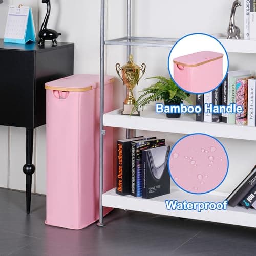 efluky Slim Laundry Basket with Lid, Narrow Laundry Hamper with Removable Bag, Skinny Dirty Clothes Basket with Bamboo Handles for Bathroom, Bedroom & Laundry Room, 63L Pink - Thumbnail 3