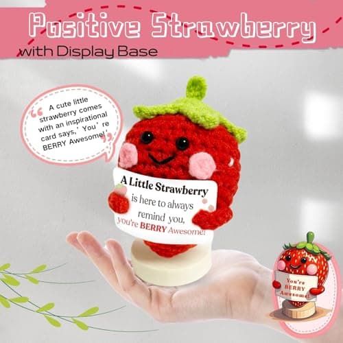 Maffuno Positive Crochet Strawberry Gifts for Women: Easter Basket Stuffers Birthday Gifts for Friend Daughter Mom Sister Her, Handmade Strawberry with Emotional Cheer Up Support Card (Berry Awesome) - Thumbnail 2