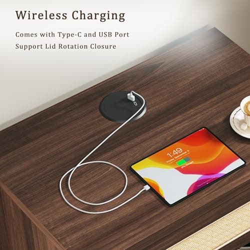 HUAHUU Wide Nightstand Set of 2, 26" Mid Century Modern Wooden Night Stand, Rustic Bedside Table with Rattan Drawer, Large Side End Table with Wireless Charging, Vintage Storage, Walnut - Thumbnail 6