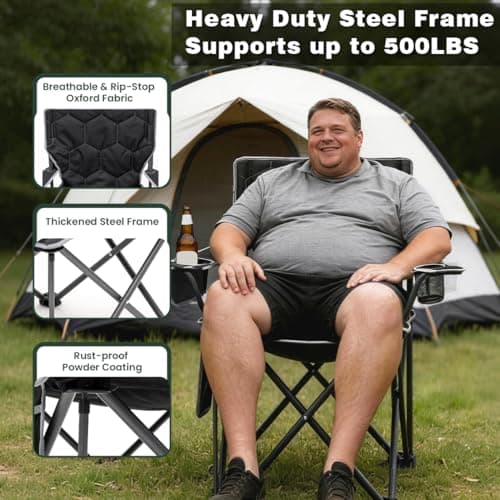 SUNNYFEEL Camping Chairs for Adults, Padded Oversized Camping Chair Heavy Duty 500LBS, Portable Lawn Chair with Cup Holder, Side Pocket&Bag for Outdoor Camping/Beach/Picnic/Fishing, Black 2 Pack - Thumbnail 4