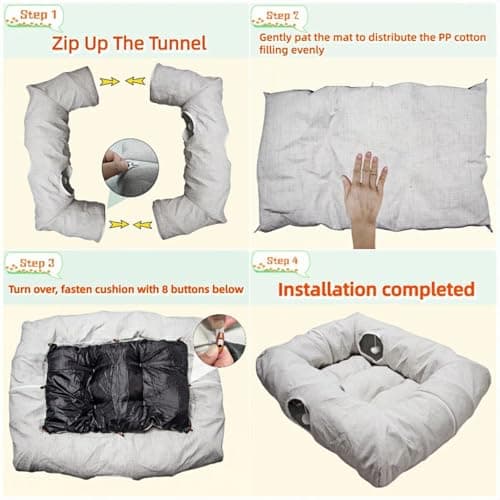 XxingSheep 4 Cave Premium Hemp Fabric XL Cat Tunnel Bed for Indoor Cats Cat Toys Cave Donut with Soft Mat - Thumbnail 5