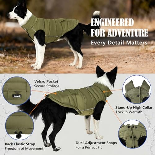 Dog Winter Puffer Jacket Waterproof, Reflective Furry Fleece Lined Dog Coats for Small Medium Dogs, Warm Snow Coat, Insulated Cold Weather Dogs Vest Jackets with Leash Hole, Olive - Thumbnail 5